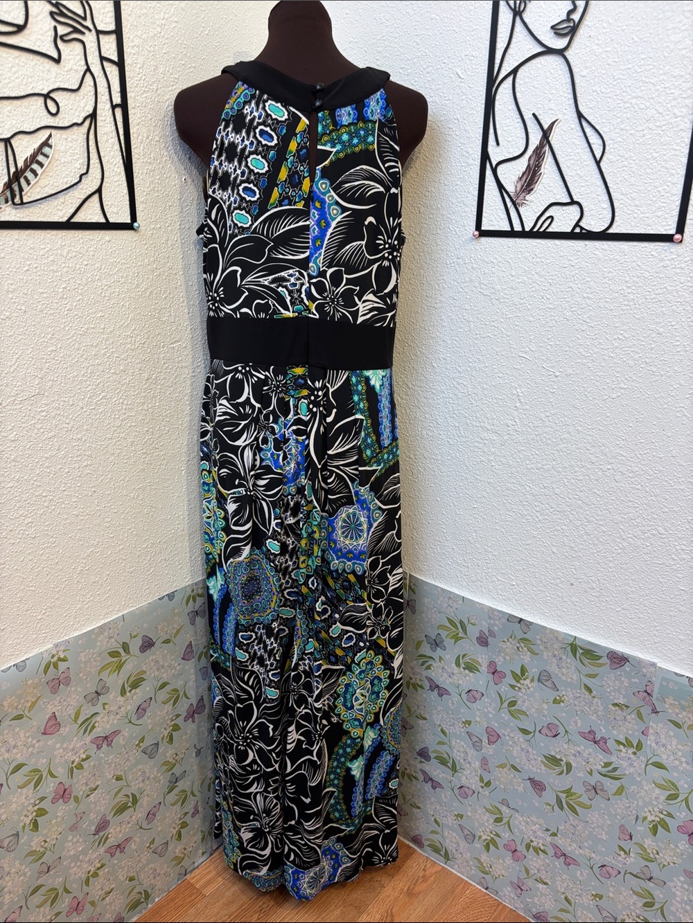 RN Studio By Ronnie Nicole embellished beaded black and teal floral maxi Size 14 - Picture 6 of 17
